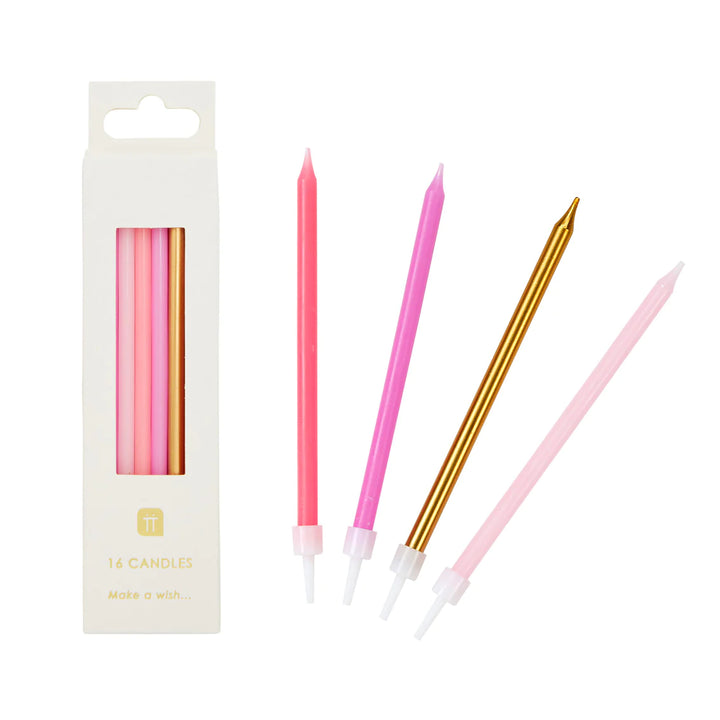 Set of 16 Rose-shaped birthday candles from Cornucopia Home and Gift, 10cm tall, perfect for celebrations and cake decorations.