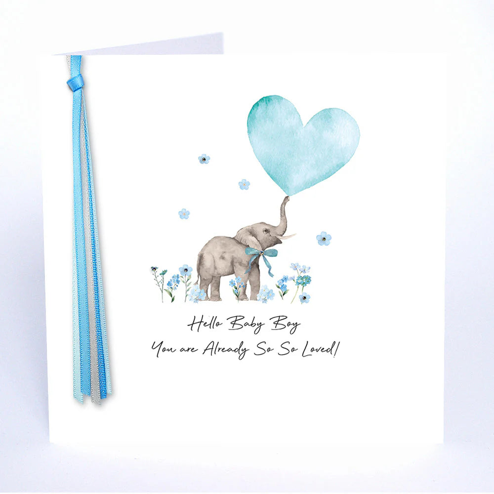 Hello Baby Boy You Are Already So Loved card by Five Dollar Shake, featuring colorful lettering and cute design from Cornucopia Home.