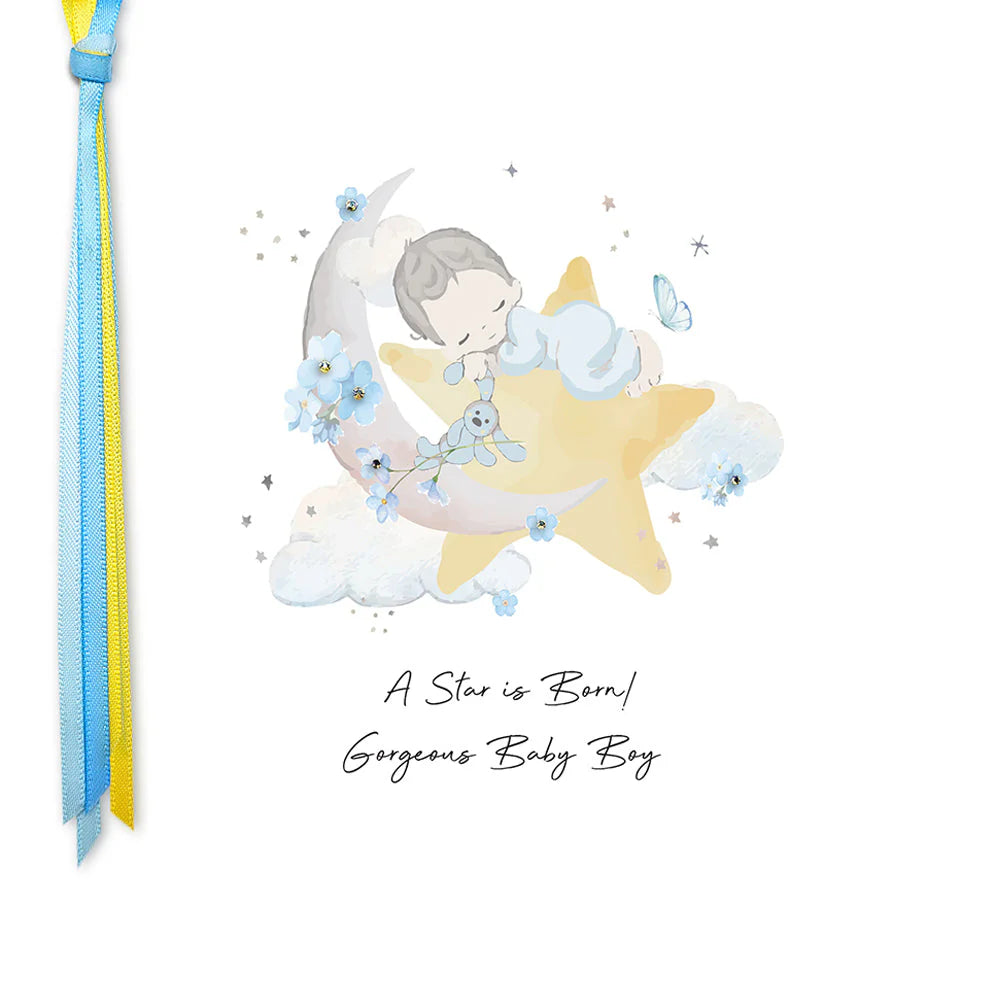 Gorgeous baby boy card from A Star Is Born! Five Dollar Shake by Cornucopia Home and Gift, featuring a colorful, festive design.