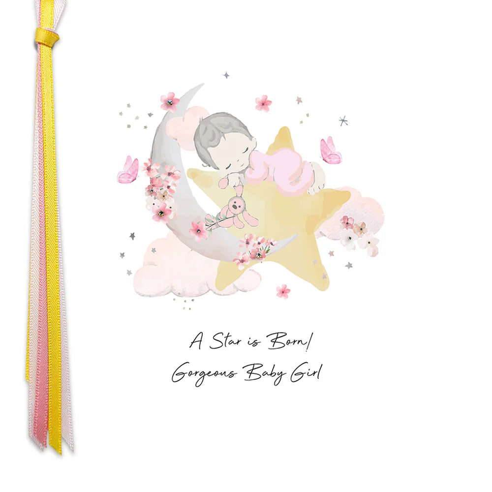 Gorgeous baby girl greeting card from Five Dollar Shake featuring a star-themed design, by Cornucopia Home and Gift.
