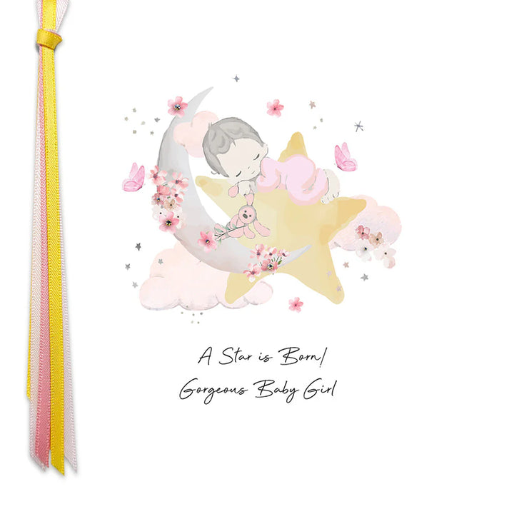 Gorgeous baby girl greeting card from Five Dollar Shake featuring a star-themed design, by Cornucopia Home and Gift.