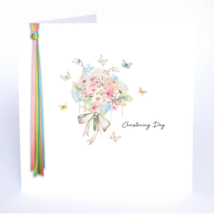 Five Dollar Shake Christening Day greeting card by Cornucopia Home and Gift with elegant floral design and heartfelt message.