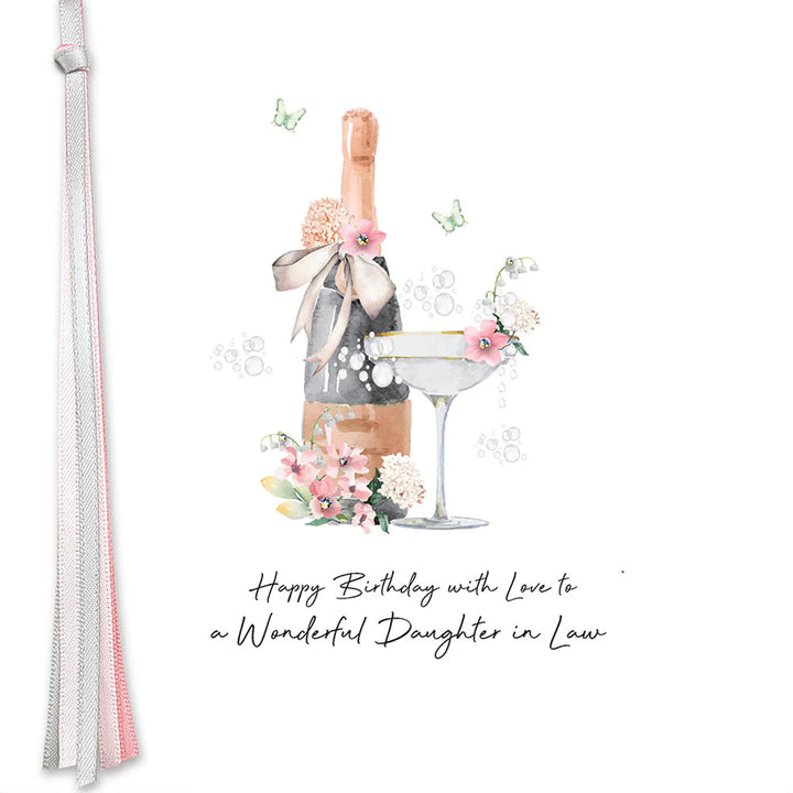 Happy birthday greeting card from Five Dollar Shake, with loving message for a daughter-in-law, featuring colorful floral design.
