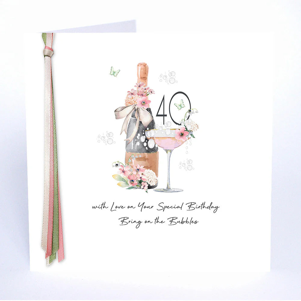 Five Dollar Shake birthday card from Cornucopia Home and Gift with "40 With Love On Your Special Birthday Bring On The Bubbles" design.