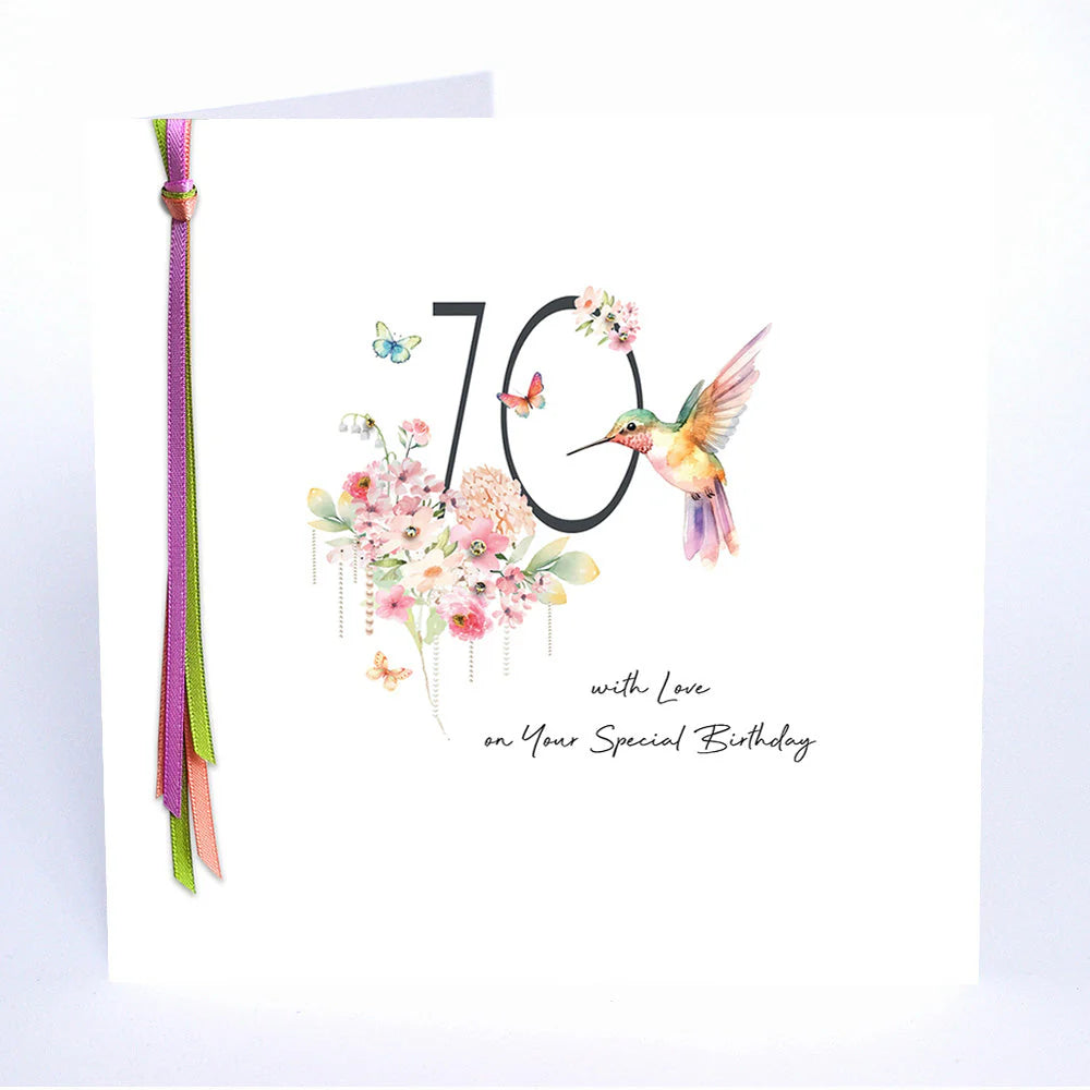 Five Dollar Shake "70 With Love" birthday card by Cornucopia Home and Gift featuring colorful design for special milestone celebrations.