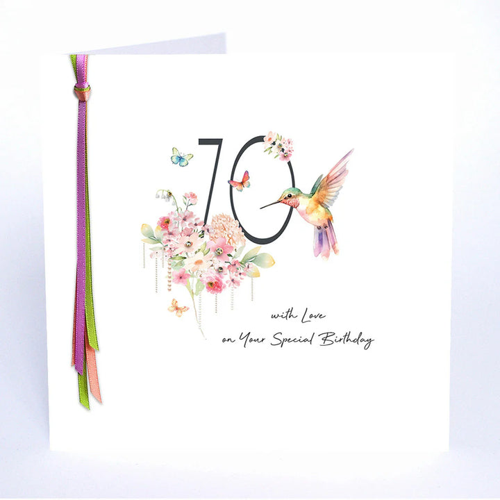 Five Dollar Shake "70 With Love" birthday card by Cornucopia Home and Gift featuring colorful design for special milestone celebrations.