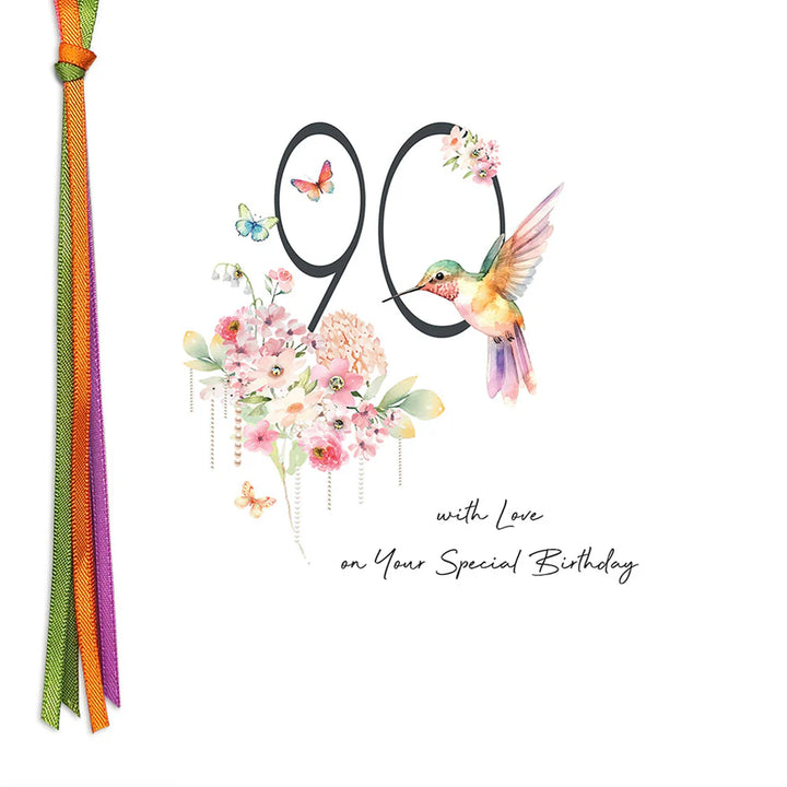 Five Dollar Shake 90 With Love birthday card featuring colorful floral design and heartfelt message, from Cornucopia Home and Gift.