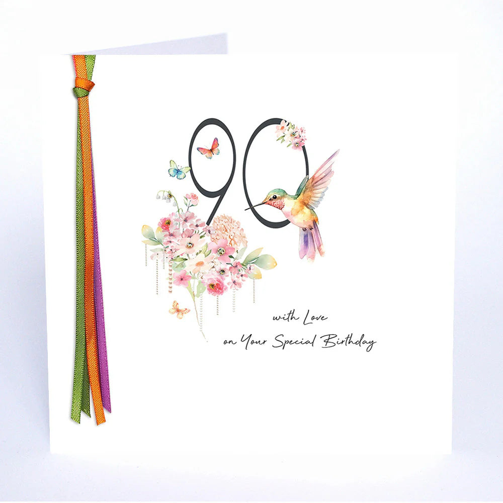Five Dollar Shake 90 With Love birthday card featuring colorful floral design and elegant typography, perfect for special celebrations.