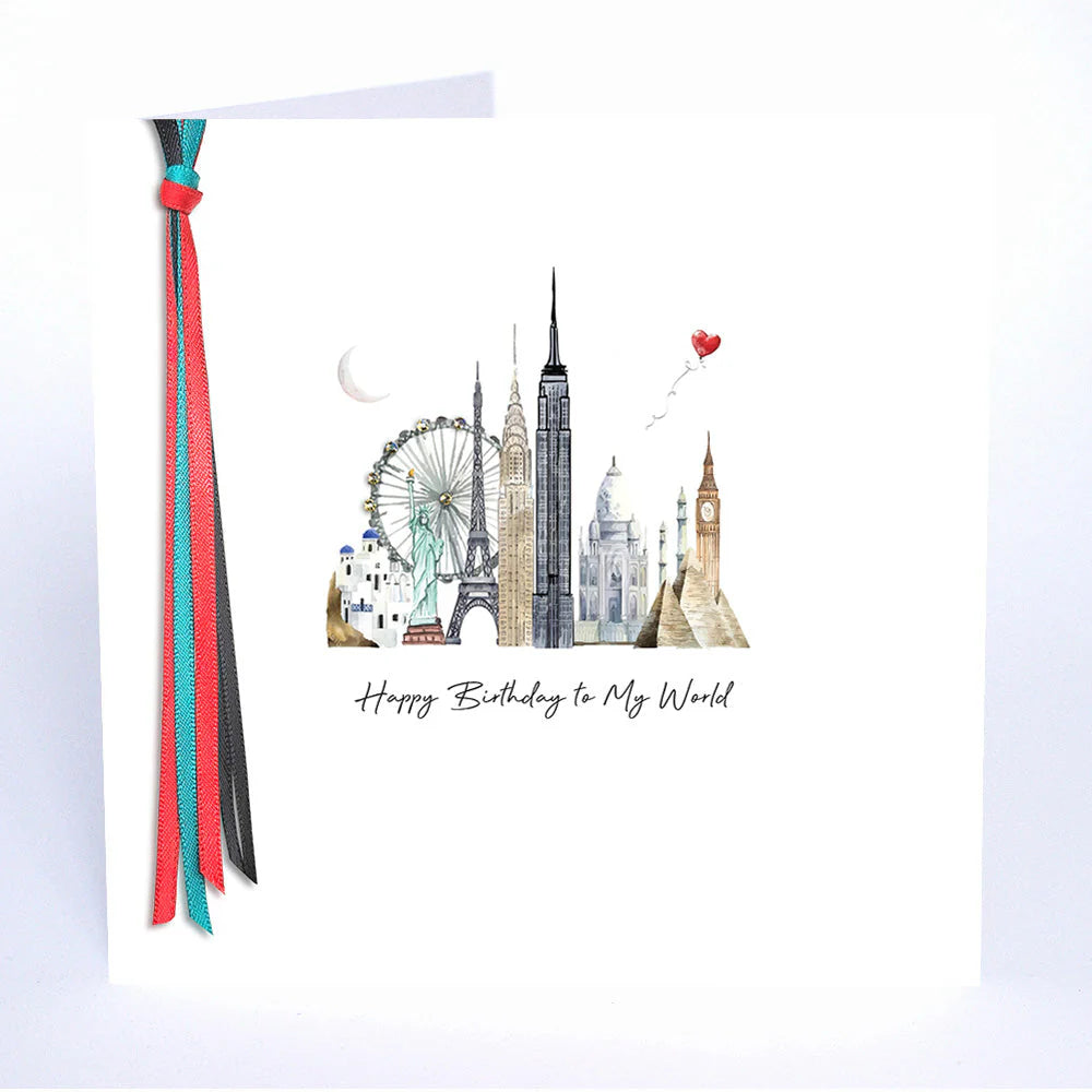 Happy Birthday to My World card by Five Dollar Shake, featuring colorful birthday message from Cornucopia Home and Gift.