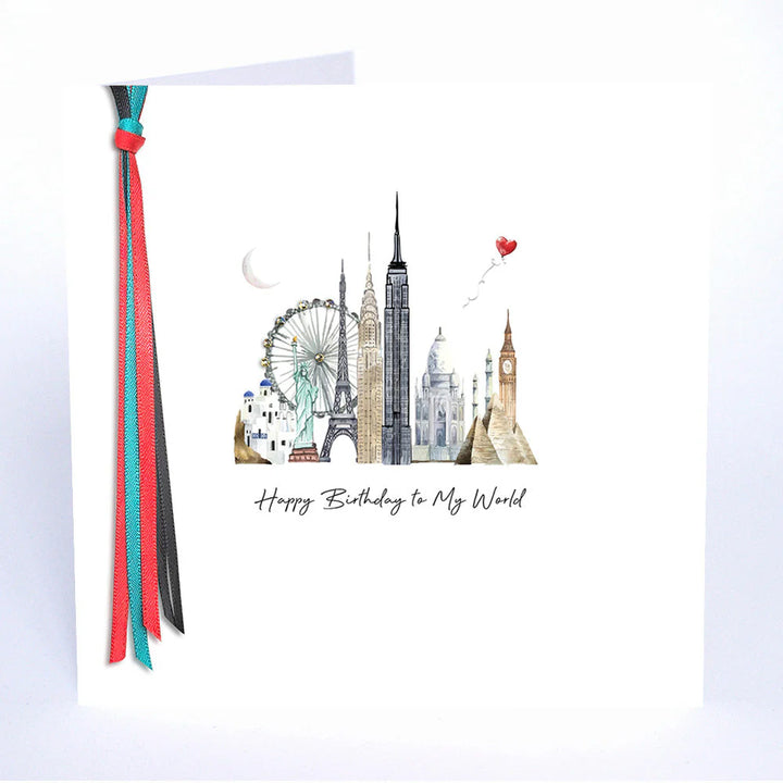 Happy Birthday to My World card by Five Dollar Shake, featuring colorful birthday message from Cornucopia Home and Gift.