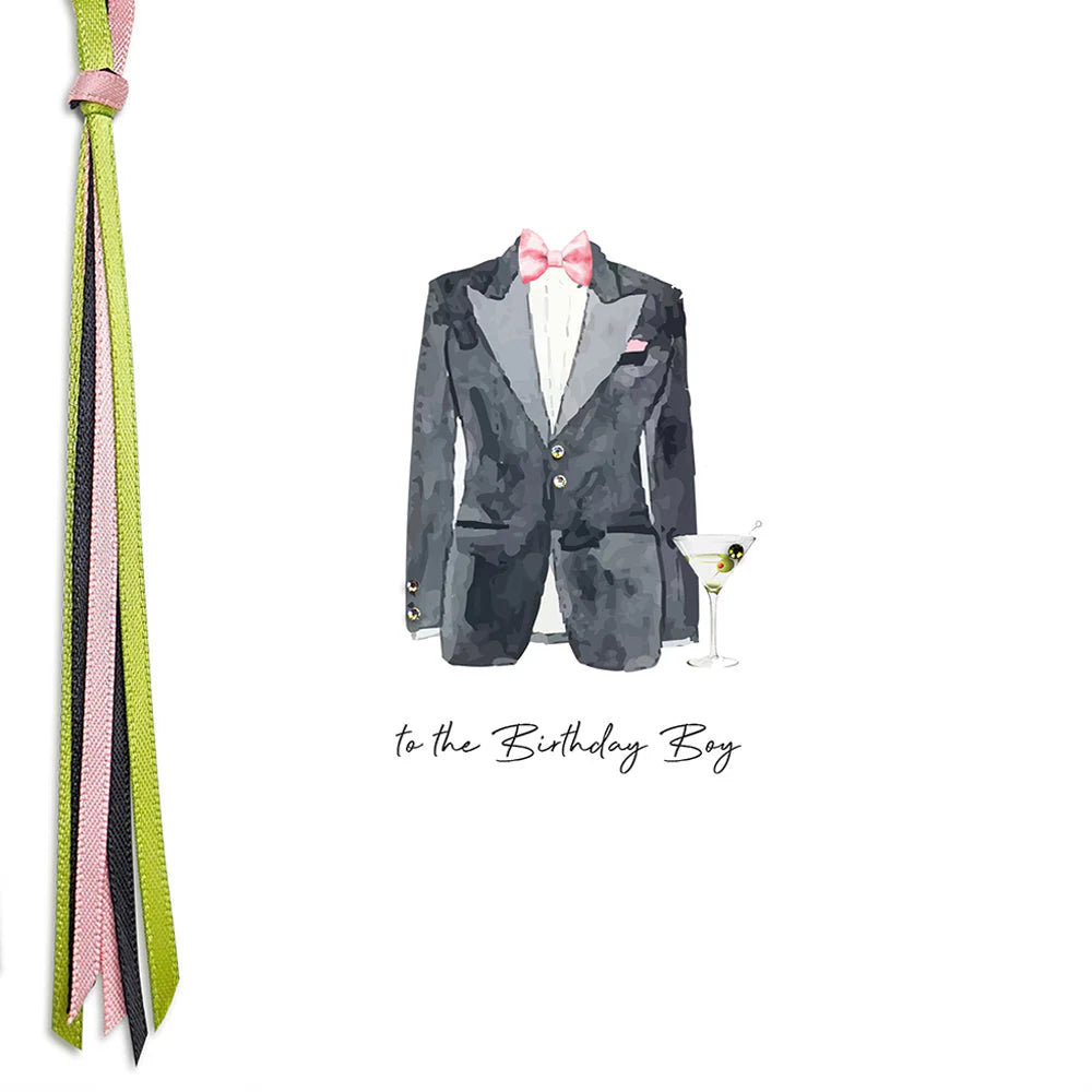 Five Dollar Shake "To The Birthday Boy" greeting card from Cornucopia Home and Gift, featuring colorful birthday-themed artwork.