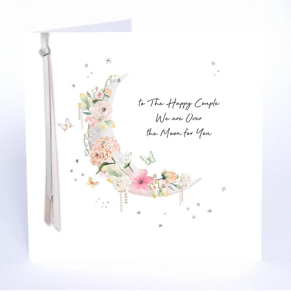 Five Dollar Shake wedding card from Cornucopia Home and Gift with "We Are Over The Moon For You" message and festive design.