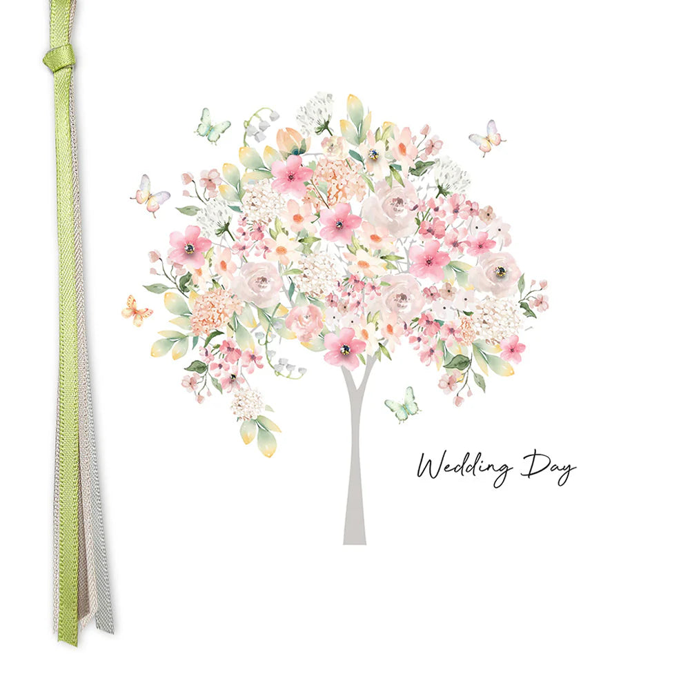 Wedding Day Tree card by Five Dollar Shake featuring a delicate tree illustration on a cream background.