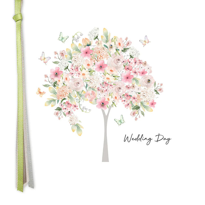 Wedding Day Tree card by Five Dollar Shake featuring a delicate tree illustration on a cream background.