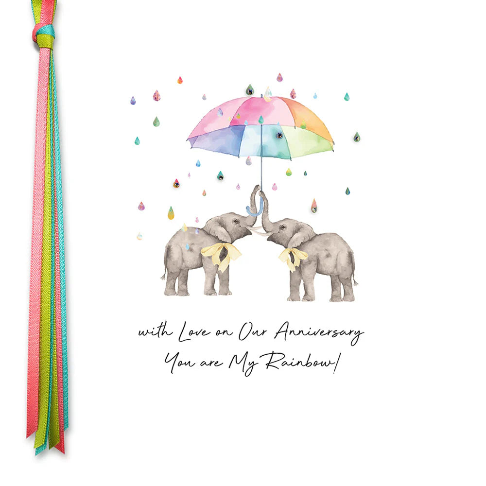 Five Dollar Shake "With Love on Our Anniversary" rainbow card from Cornucopia Home and Gift, featuring colorful rainbow design.