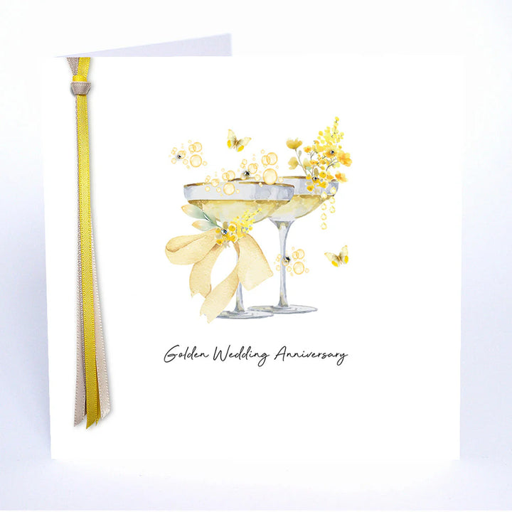 Golden wedding anniversary card from Five Dollar Shake by Cornucopia Home and Gift, featuring elegant gold accents and romantic design.