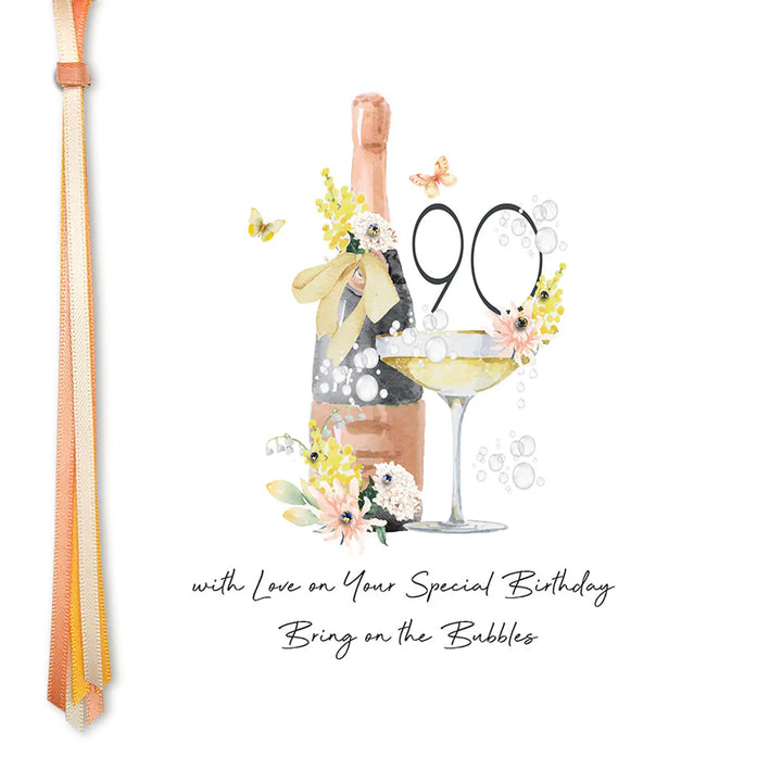Five Dollar Shake birthday card by Cornucopia Home and Gift featuring "90 With Love" and bubbles for celebrating special birthdays.