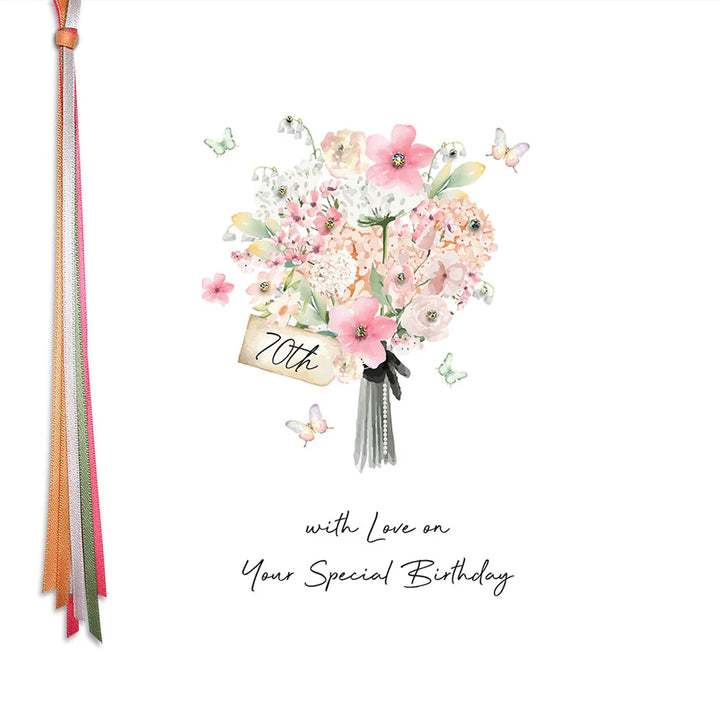 Five Dollar Shake birthday card featuring colorful floral design with "70 With Love On Your Special Birthday" message, by Cornucopia Home and Gift