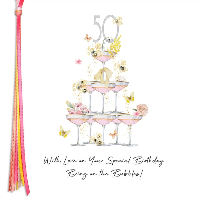 Five Dollar Shake "50 With Love" birthday glasses with colorful design, perfect for celebrating special birthdays.