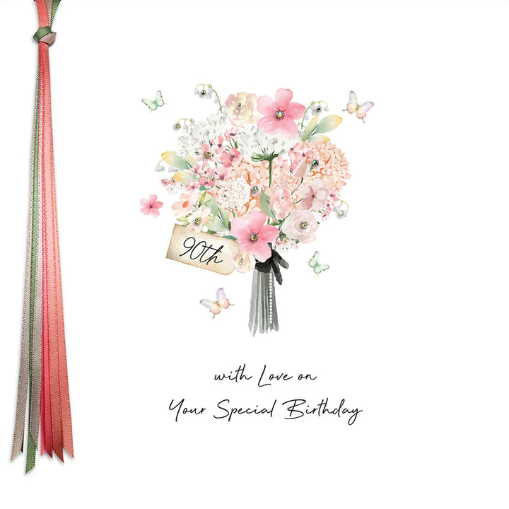 Five Dollar Shake "90 With Love" birthday flowers card from Cornucopia Home and Gift, featuring colorful floral design.