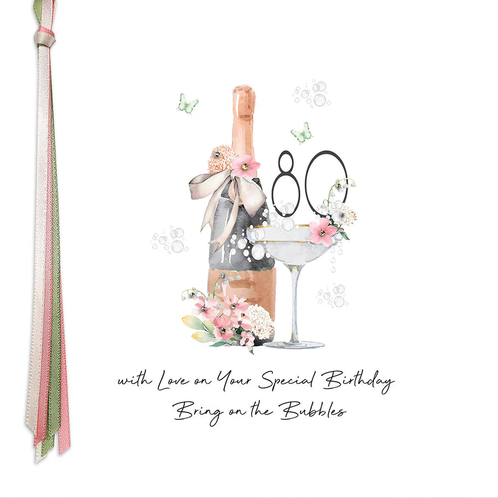 Five Dollar Shake birthday card featuring colorful flower illustrations with "80 With Love" message, from Cornucopia Home and Gift