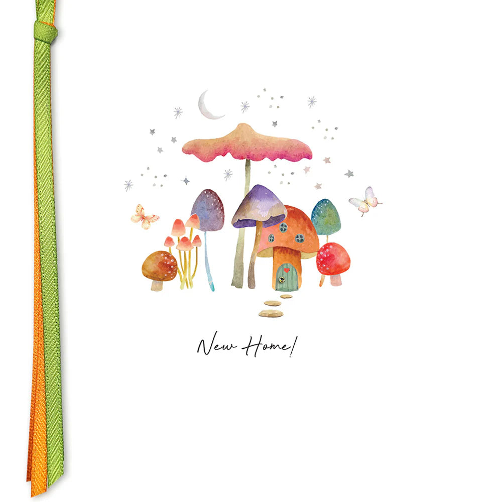 Five Dollar Shake New Home card featuring colorful illustrations, designed by Cornucopia Home and Gift, with a festive and welcoming theme.