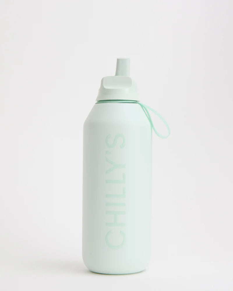 Chillys Series 2 Lichen Green water bottle with flip lid, made by Cornucopia Home and Gift, designed for portable hydration.