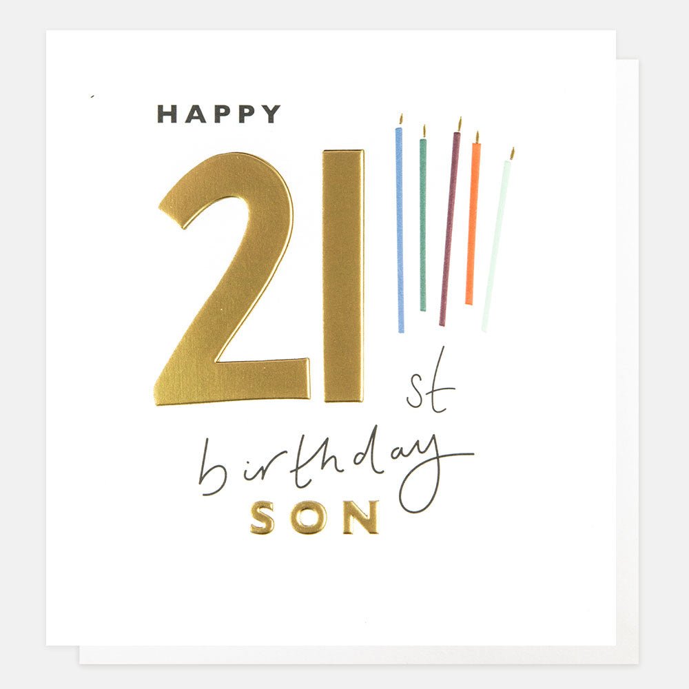 Caroline Gardner Happy 21st Birthday Son greeting card featuring colorful birthday message and cheerful design.