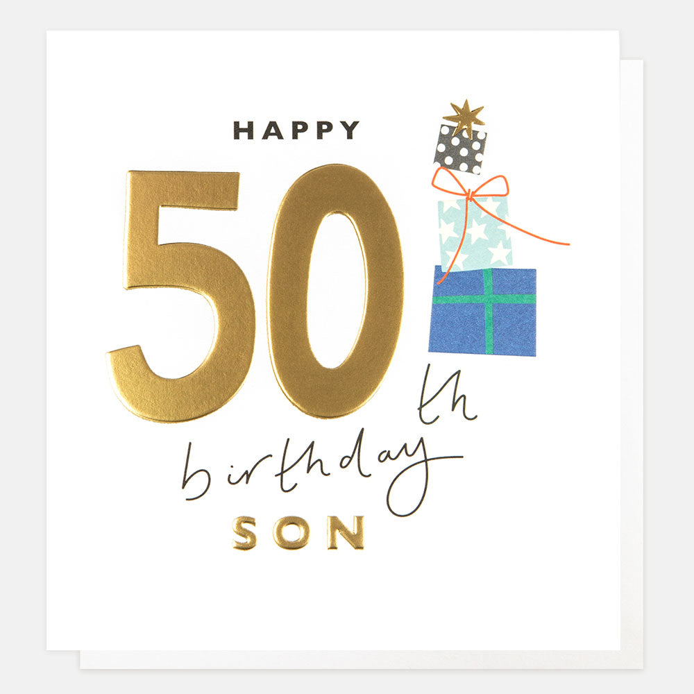 Caroline Gardner Happy 50th Birthday son greeting card with colorful festive design, perfect for celebrating a special milestone.
