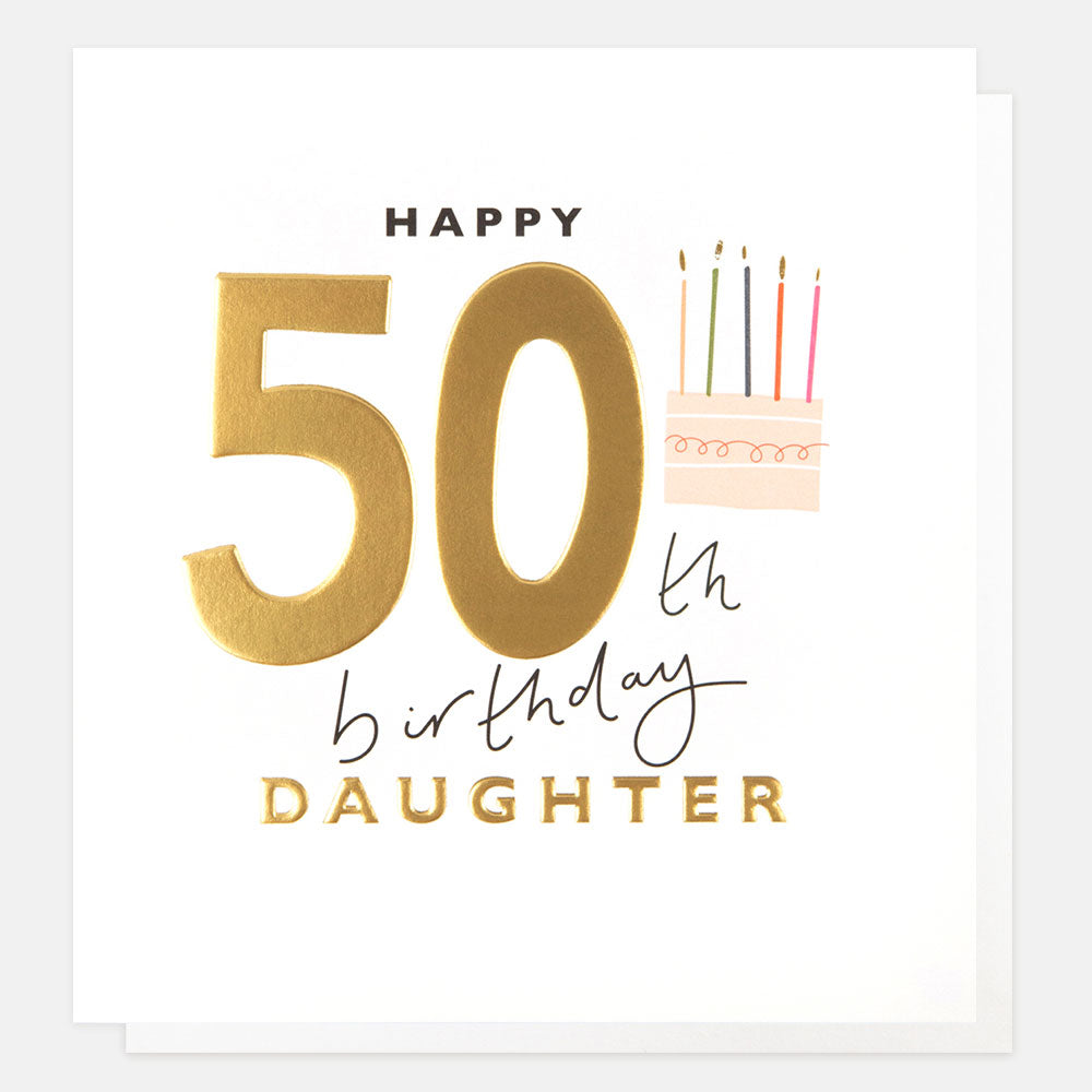 Caroline Gardner Happy 50th Birthday Daughter greeting card with colorful design and cheerful message on white background.