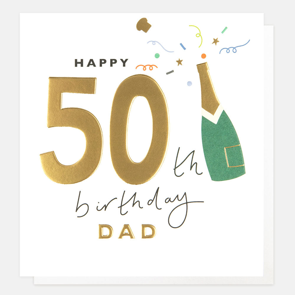 Caroline Gardner Happy 50th Birthday Dad bottle card with colorful birthday design and playful message, perfect for celebrating dad.