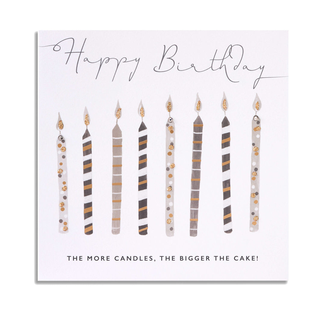 Janie Wilson Happy Birthday candles card featuring colorful birthday candle illustrations, perfect for celebrating special occasions.