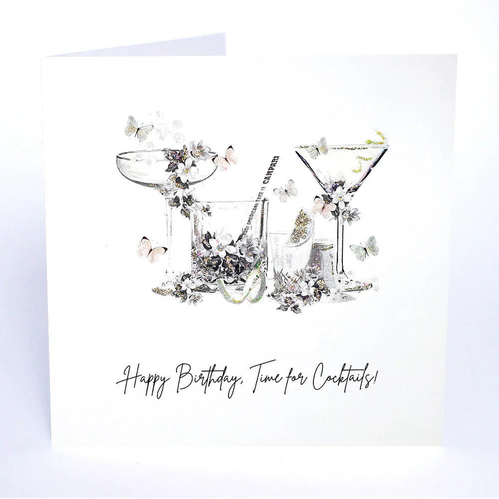 Happy Birthday cocktail-themed greeting card by Five Dollar Shake, featuring colorful birthday and cocktail illustrations.