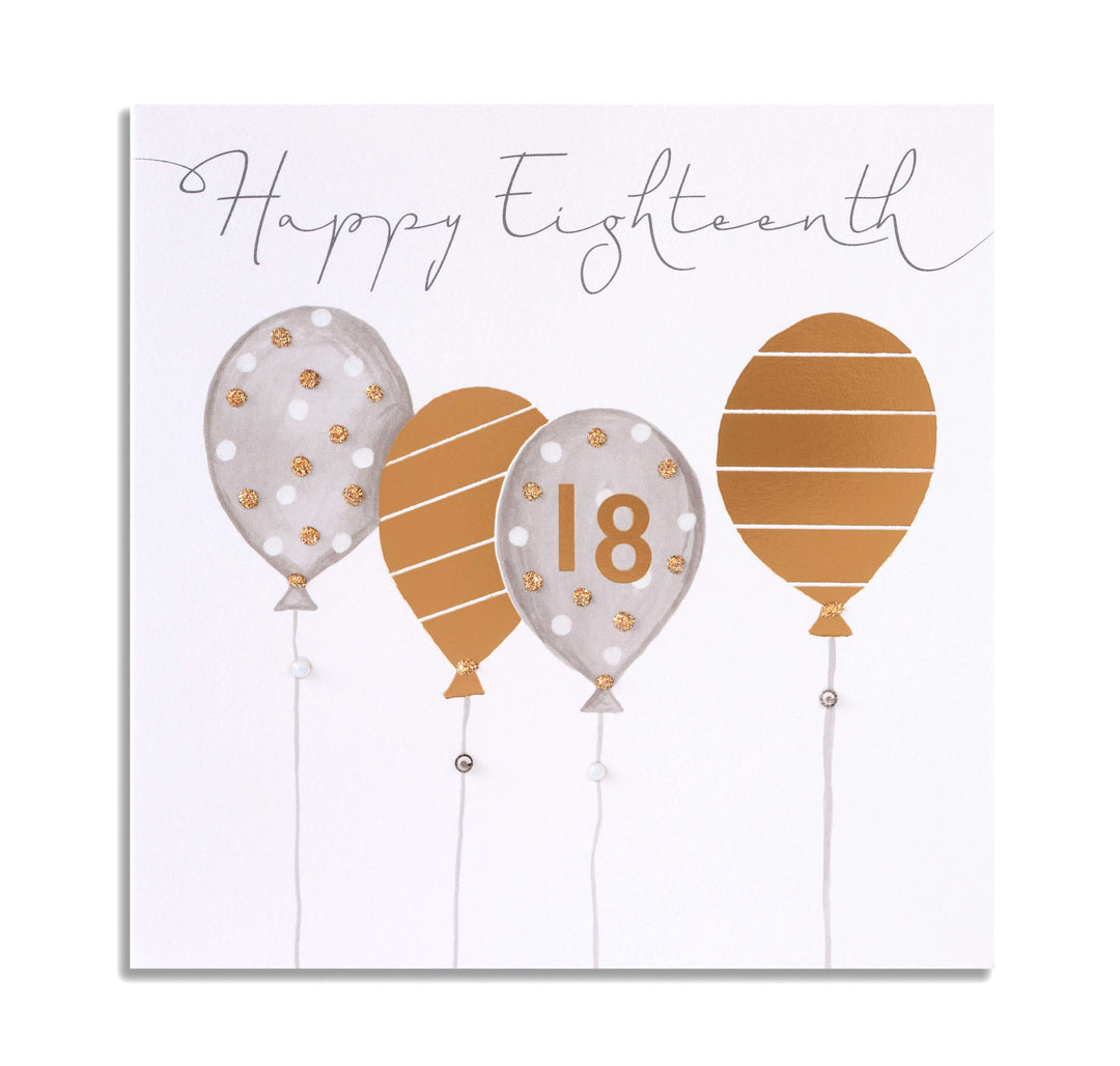 Janie Wilson Happy 18th Birthday Card with colorful birthday message and decorative design, by Cornucopia Home and Gift