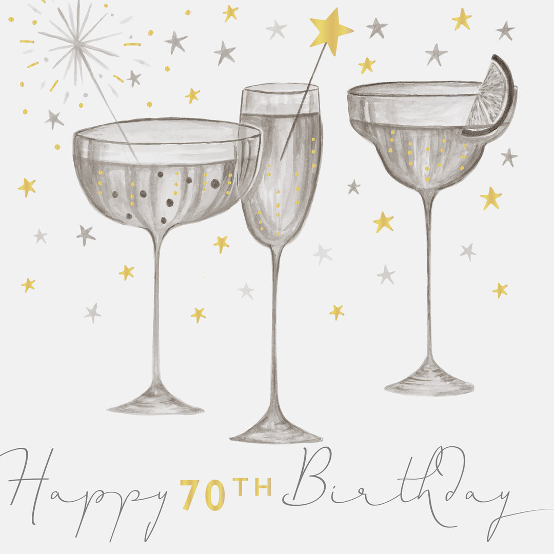 Janie Wilson Happy 70th Birthday Card featuring colorful birthday message and floral design, by Cornucopia Home and Gift.
