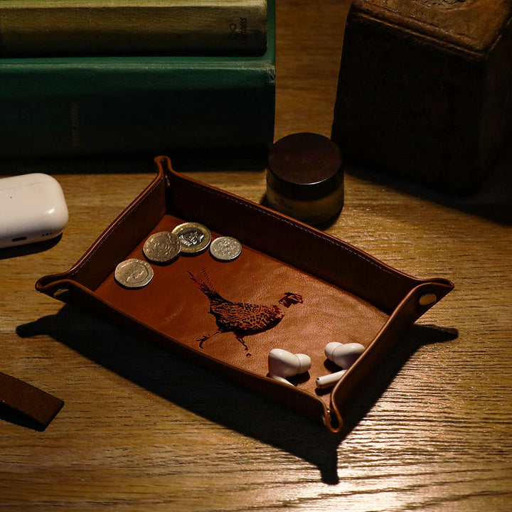 Selbrae House engraved leather pheasant trinket tray with detailed pheasant design, perfect for storing small jewelry or keepsakes.