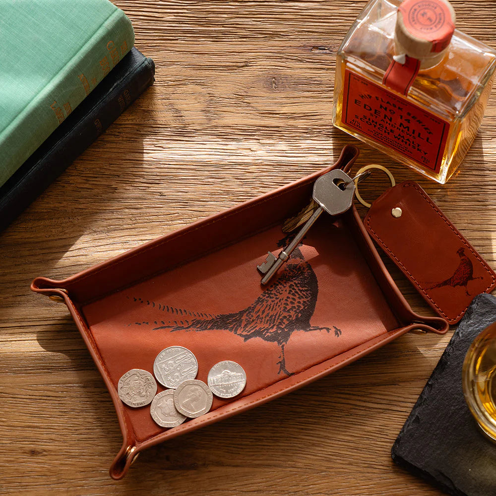 Selbrae House pheasant engraved leather trinket tray with detailed pheasant design, perfect for organizing jewelry or small items.