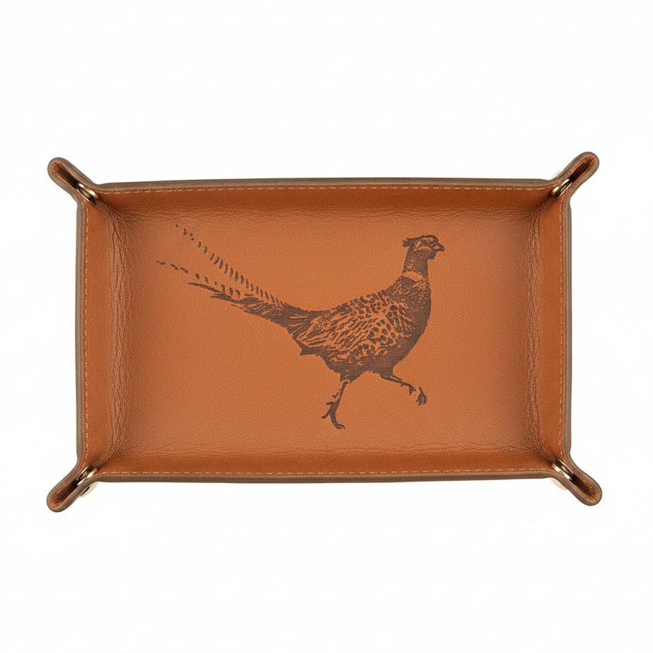 Selbrae House engraved leather trinket tray with pheasant design, featuring detailed floral and bird engraving for decorative storage.