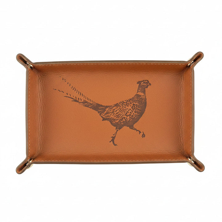 Selbrae House engraved leather trinket tray with pheasant design, featuring detailed floral and bird engraving for decorative storage.