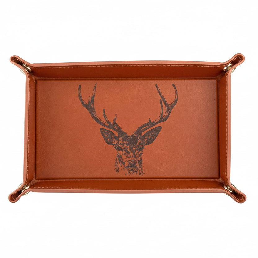 Selbrae House leather trinket tray with engraved stag design, made by Cornucopia Home and Gift, showing detailed craftsmanship.