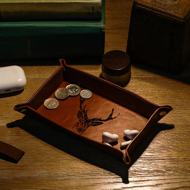 Selbrae House engraved leather stag trinket tray with detailed stag design, perfect for storing jewelry or small accessories.
