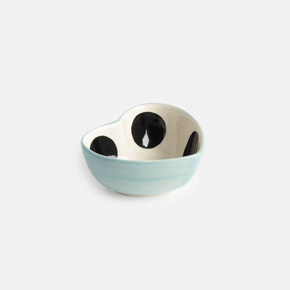 Blue and white heart-shaped trinket bowl with dotted pattern from Caroline Gardner gift collection by Cornucopia Home and Gift.