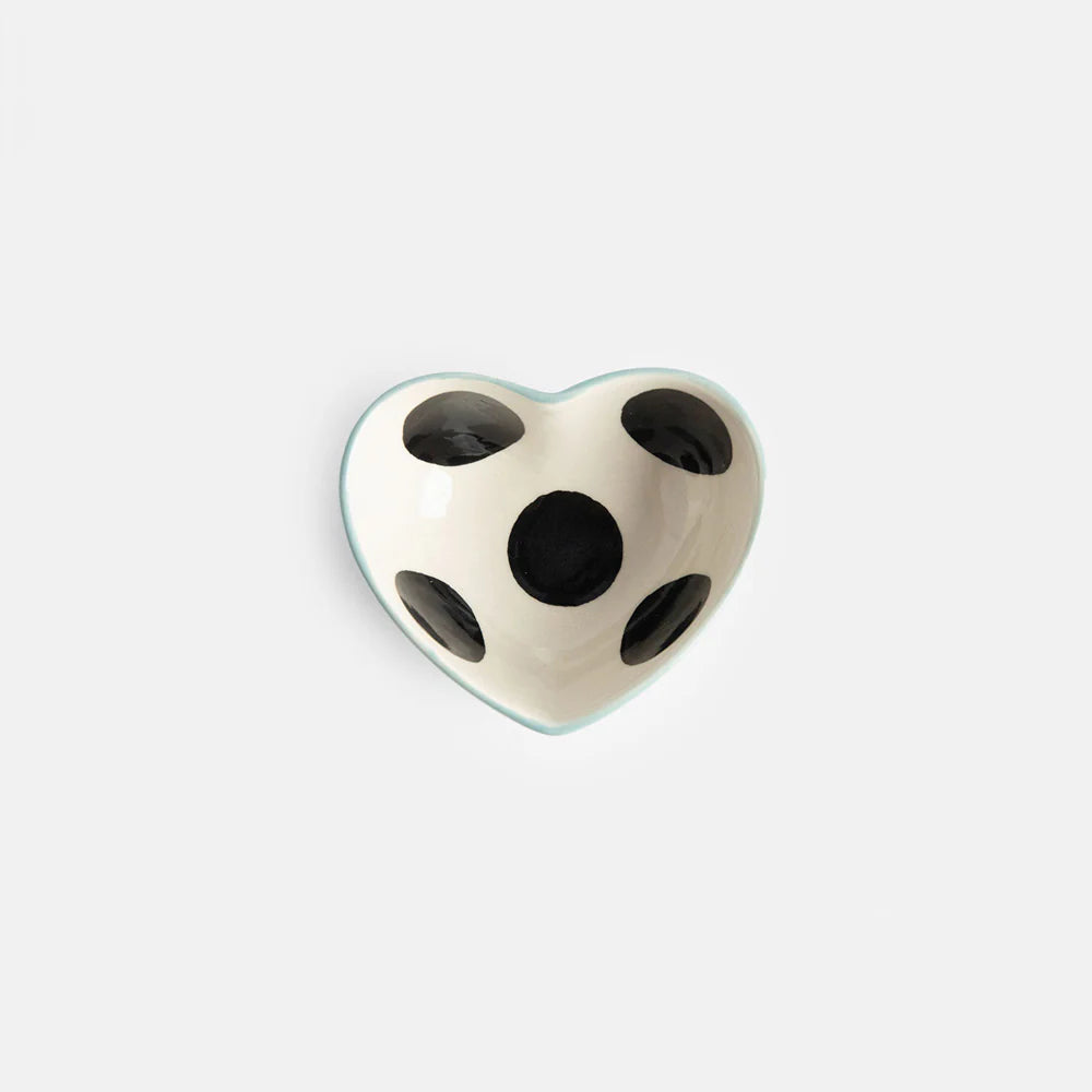 Blue and white heart-shaped trinket bowl by Caroline Gardner with mono dot pattern, perfect for gifting or home decor.