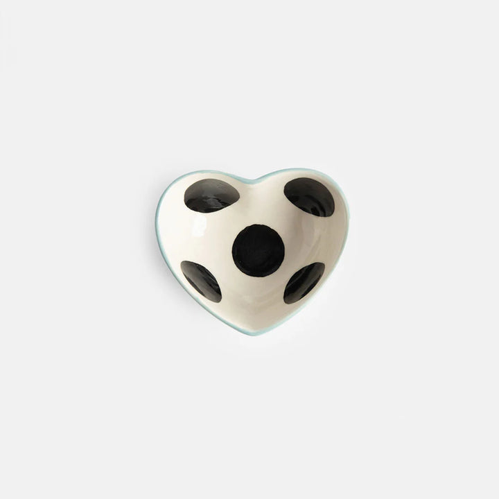 Blue and white heart-shaped trinket bowl by Caroline Gardner with mono dot pattern, perfect for gifting or home decor.