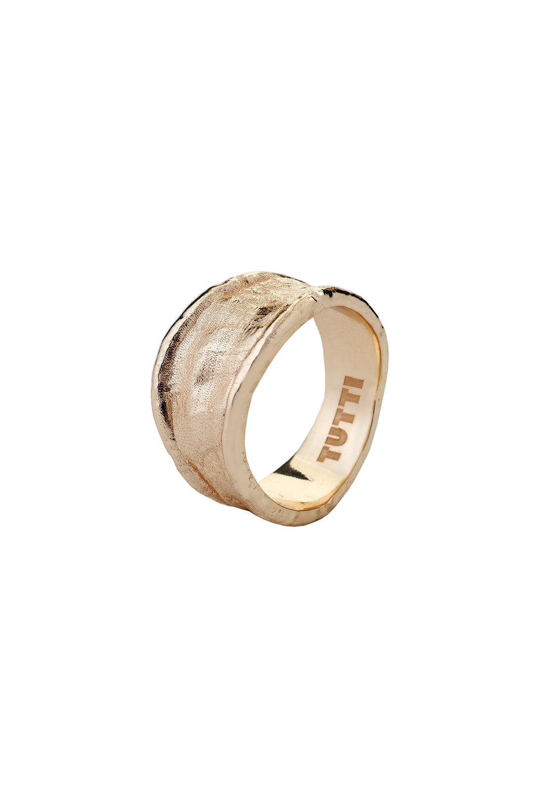 Gold Medium Driftline Ring by Tutti & Co, featuring a sleek, modern design with textured surface for stylish wear.