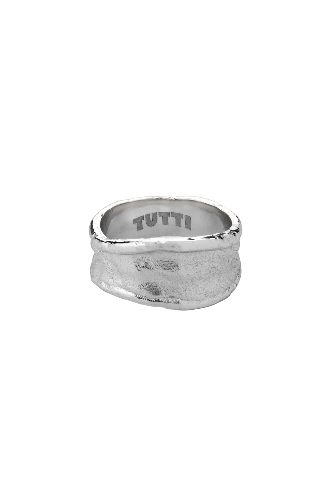 Silver medium Driftline ring by Tutti & Co, featuring a sleek, modern design, displayed on a neutral background.