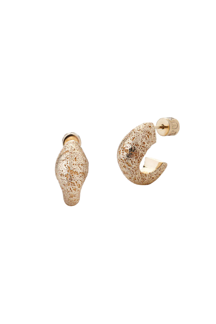 Tutti &amp; Co River Earrings featuring gold-tone hoops with textured, river-inspired design, displayed on a neutral background.