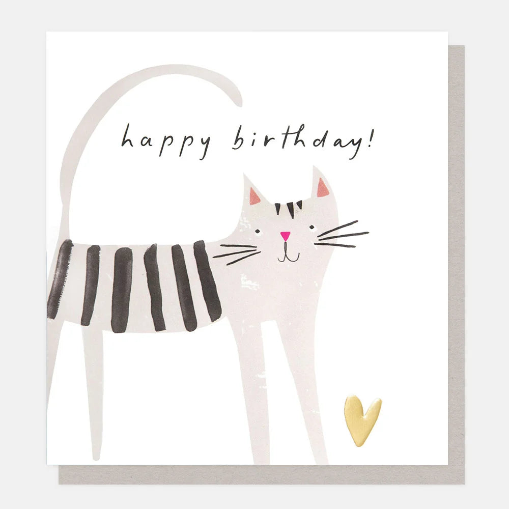 Grey Cat With Heart Birthday Card