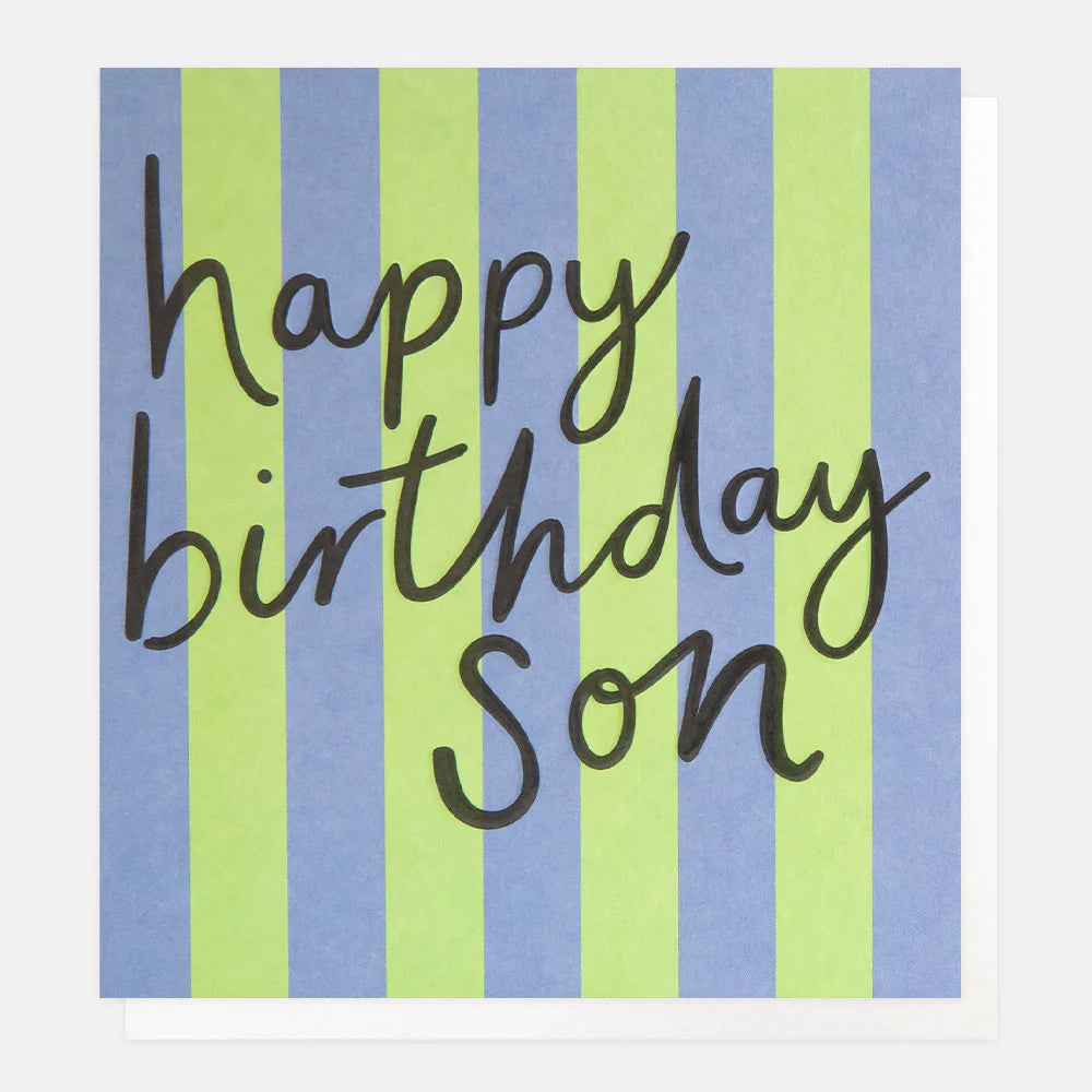 Blue and green striped Happy Birthday Son card by Caroline Gardner, featuring cheerful birthday message and colorful design.