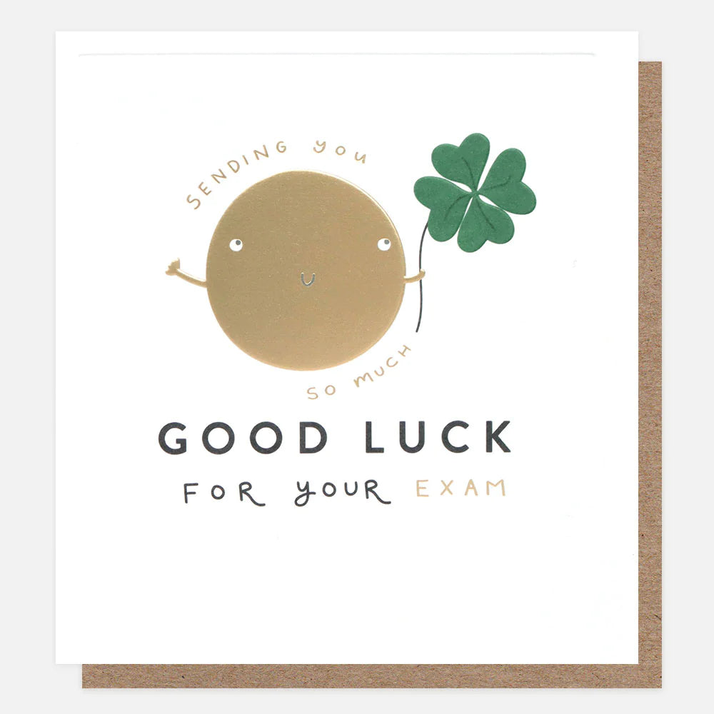 Caroline Gardner Good Luck Exam Card featuring colorful, encouraging design on a rectangular greeting card with bold lettering.